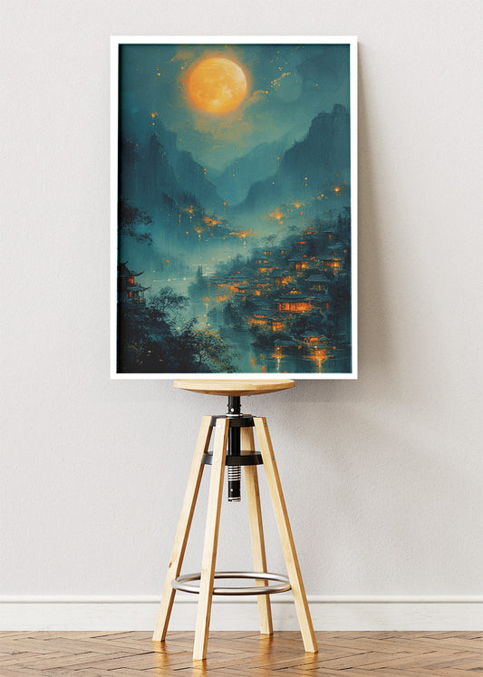 Golden Moonlit Village – Mystical Asian Night Landscape Canvas & Poster Print – AI PRINT LAB