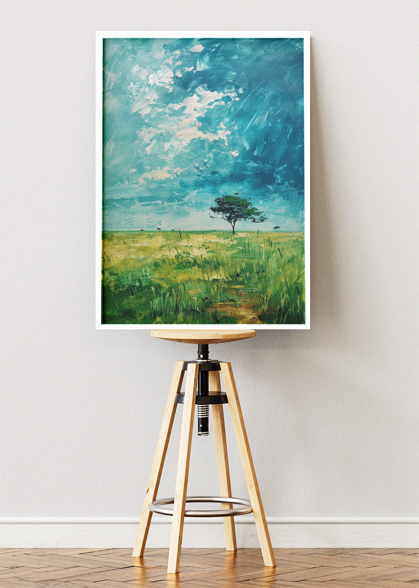 Solitary Tree Under Turquoise Sky – Minimalist Meadow Landscape Canvas & Poster Print – AI PRINT LAB