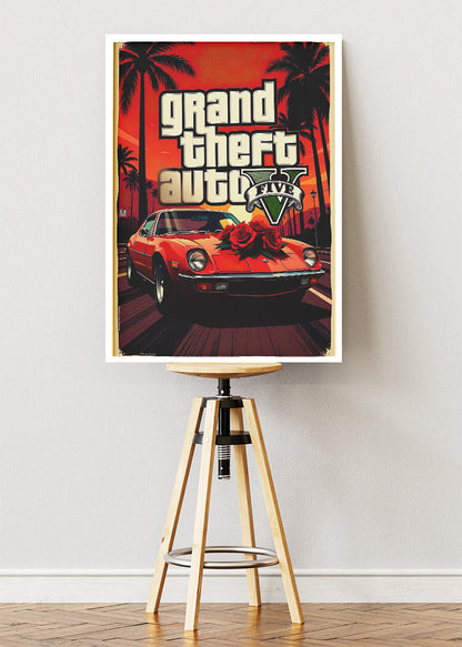 Grand Theft Auto V Wall Art Poster & Canvas – Iconic Sports Car & Sunset Gaming Artwork