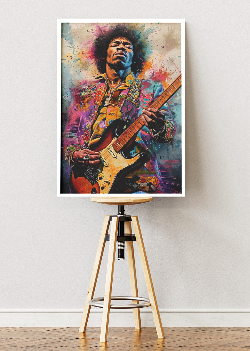 Jimi Hendrix Electric Guitar Wall Art Poster & Canvas Print – Colourful Rock Legend Portrait