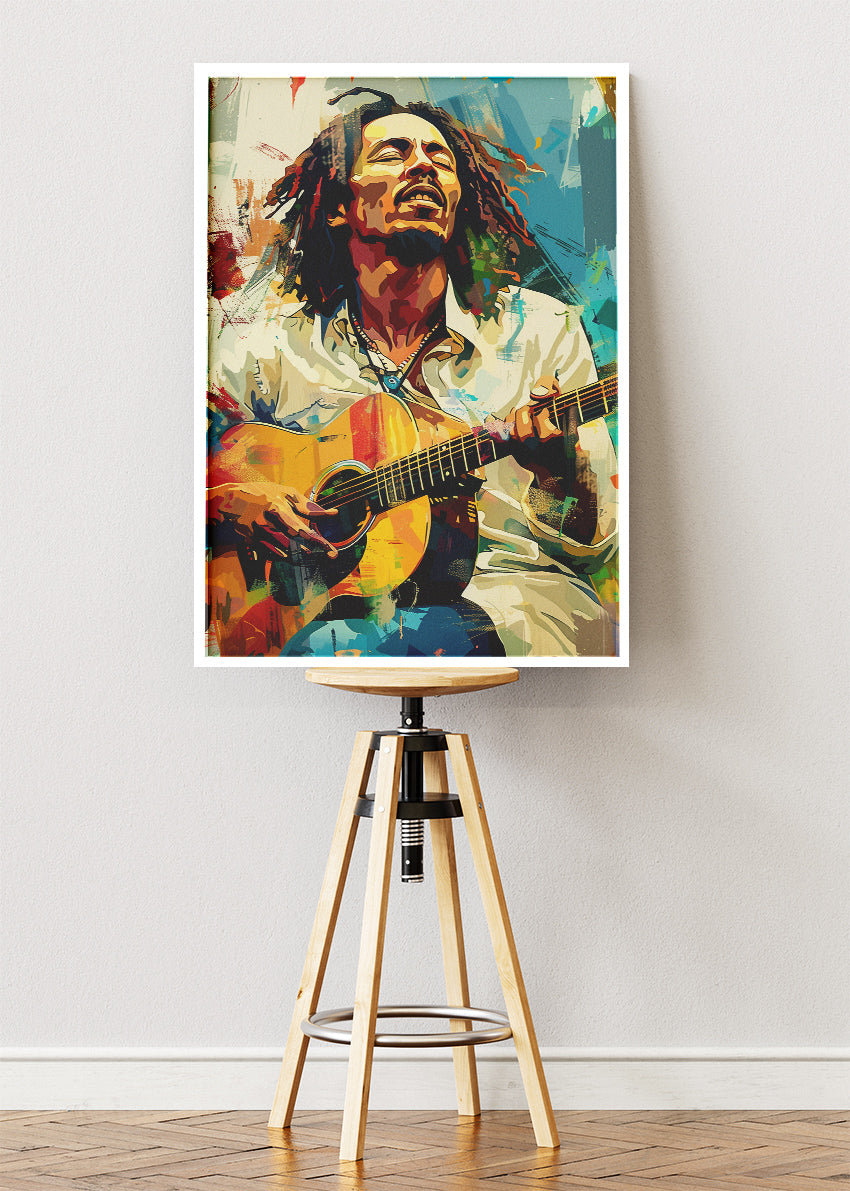 Bob Marley Acoustic Guitar Wall Art Poster & Canvas Print – Reggae Legend Colourful Portrait