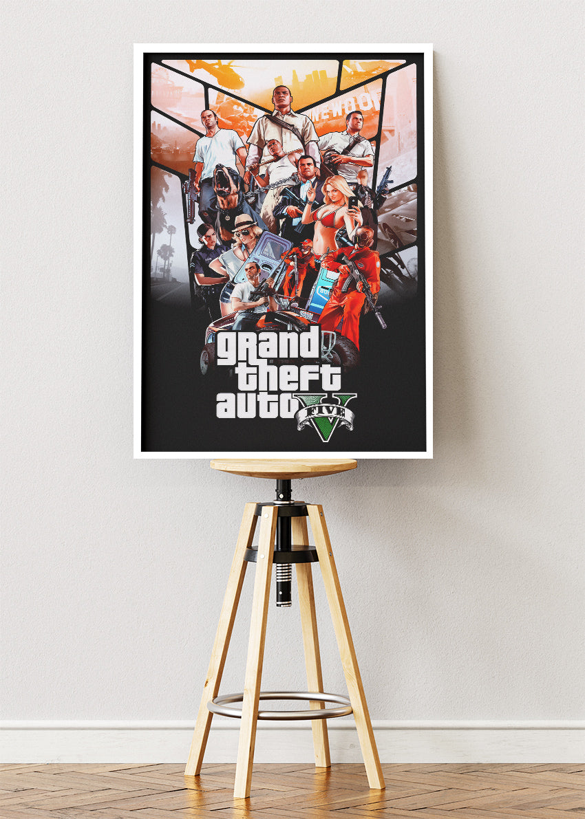 Grand Theft Auto V Wall Art Poster & Canvas – Iconic Character Collage Gaming Artwork