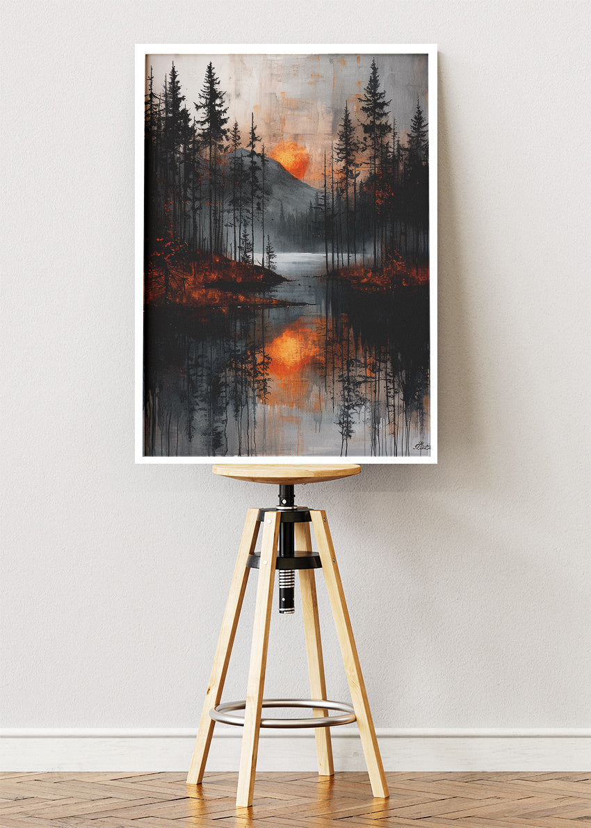 Moody Forest Sunset Reflection – Dark Pine Lake Canvas & Poster Print – AI PRINT LAB