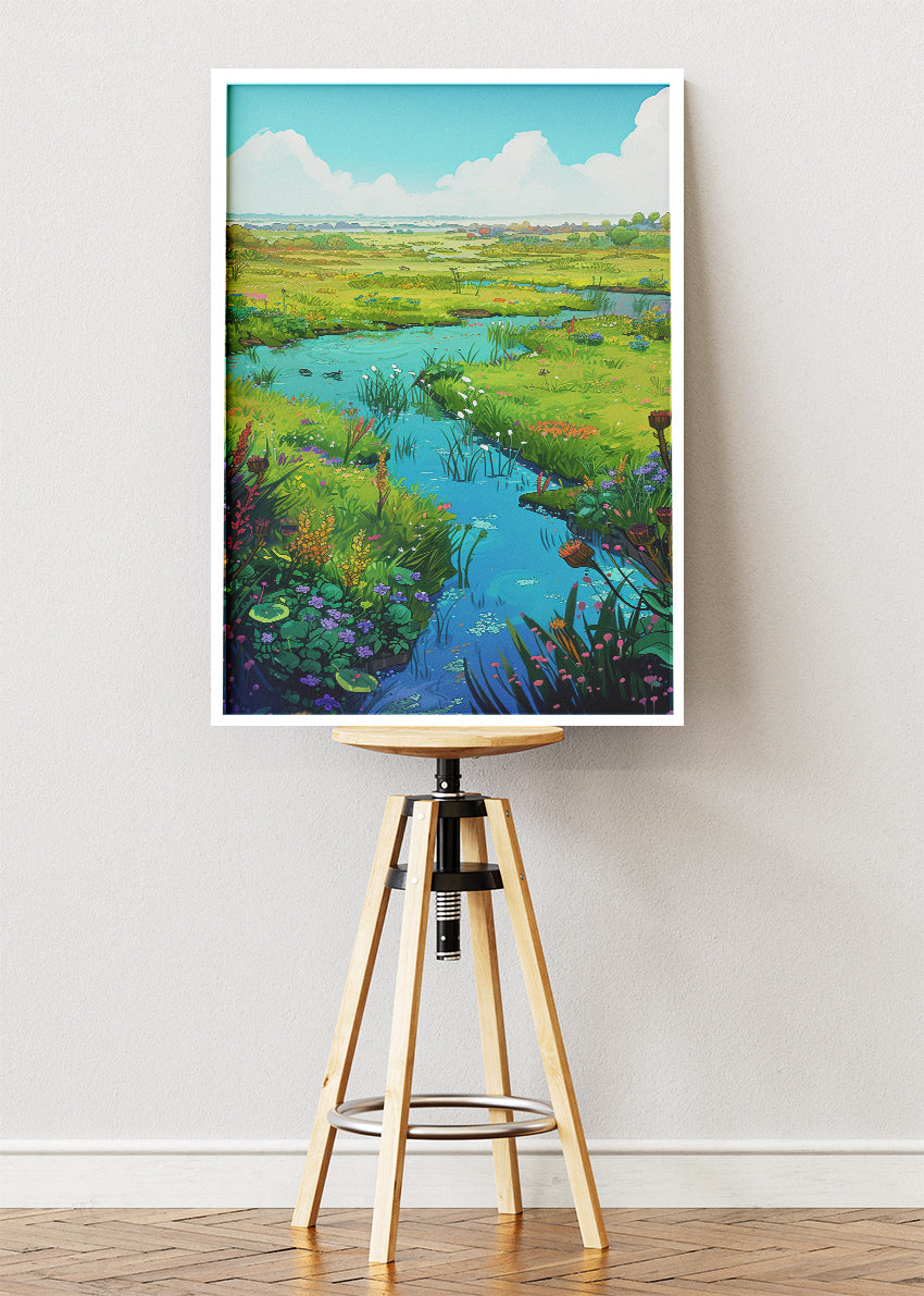 Wildflower Meadow River Landscape – Serene Countryside Canvas & Poster Print – AI PRINT LAB