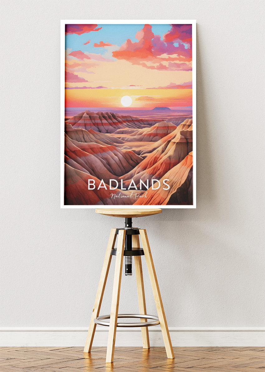 Badlands National Park Poster & Canvas Print – Sunset Desert Landscape Illustration Wall Art