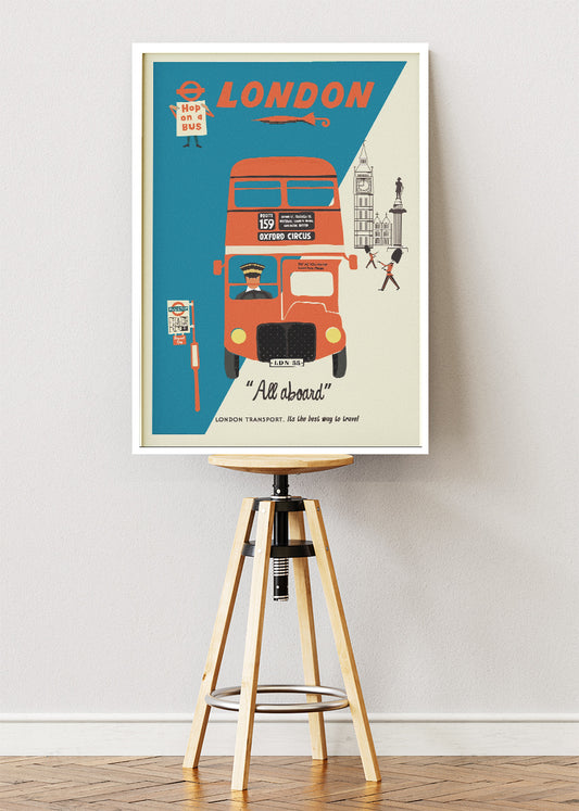 London Retro Bus Travel Poster & Canvas Print – Vintage Illustration Art – A1004