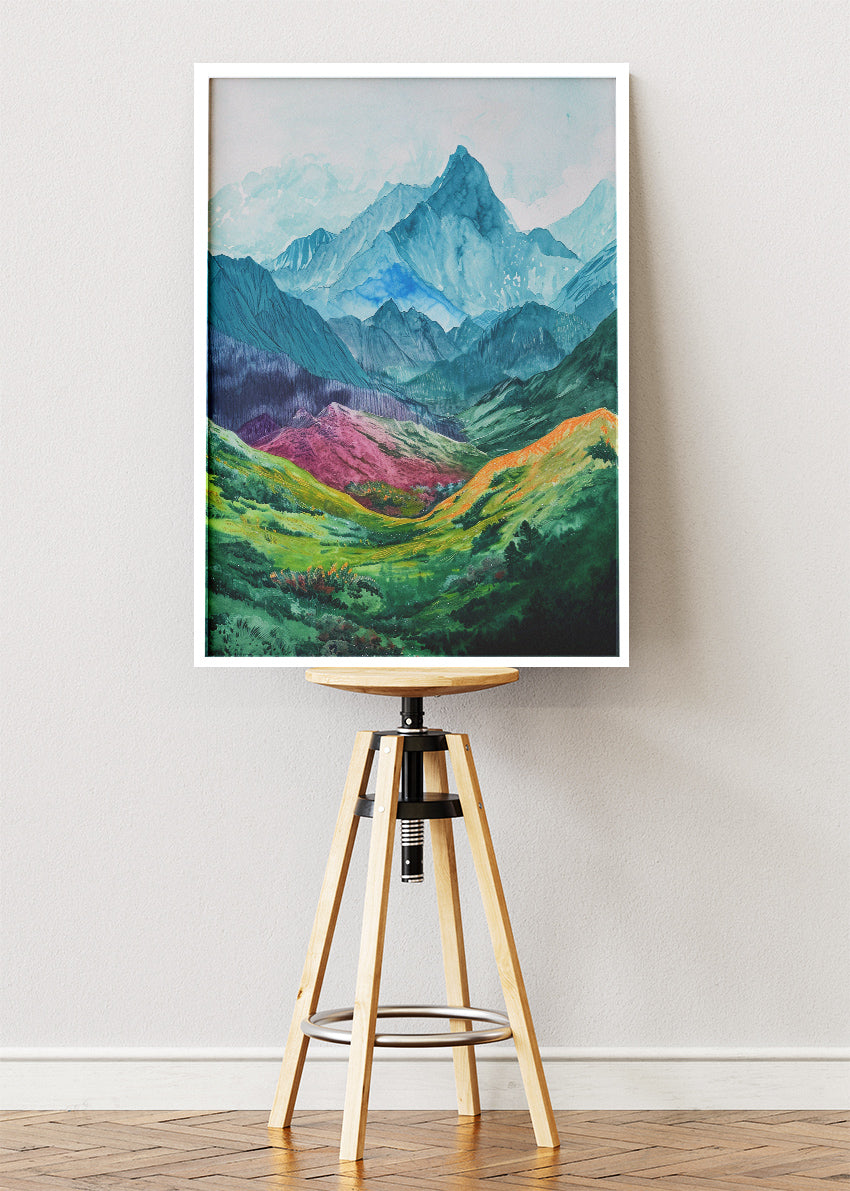 Colourful Mountain Valley Landscape – Vibrant Nature Wall Art Poster & Canvas – AI PRINT LAB