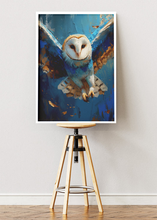 Majestic Barn Owl in Flight Poster & Canvas Print – Blue Wildlife Art Wall Decor