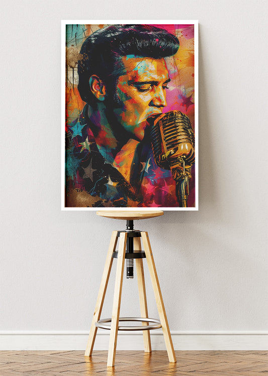 Elvis Presley Vintage Microphone Portrait Wall Art Poster & Canvas Print – Rock and Roll Icon Artwork