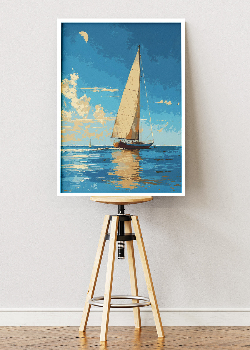 Golden Hour Sailing Boat – Calm Ocean Coastal Canvas & Poster Print – AI PRINT LAB
