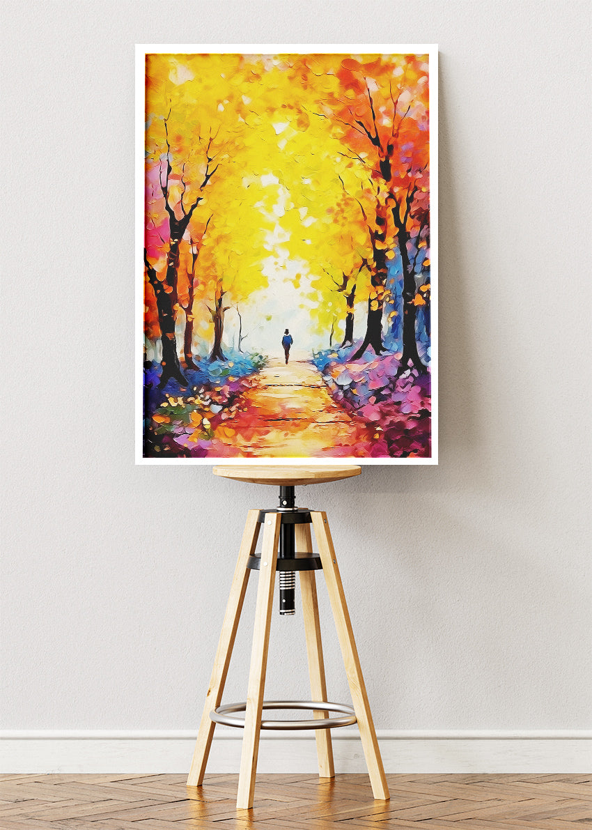 Golden Autumn Forest Path – Vibrant Fall Landscape Canvas & Poster Print – AI PRINT LAB