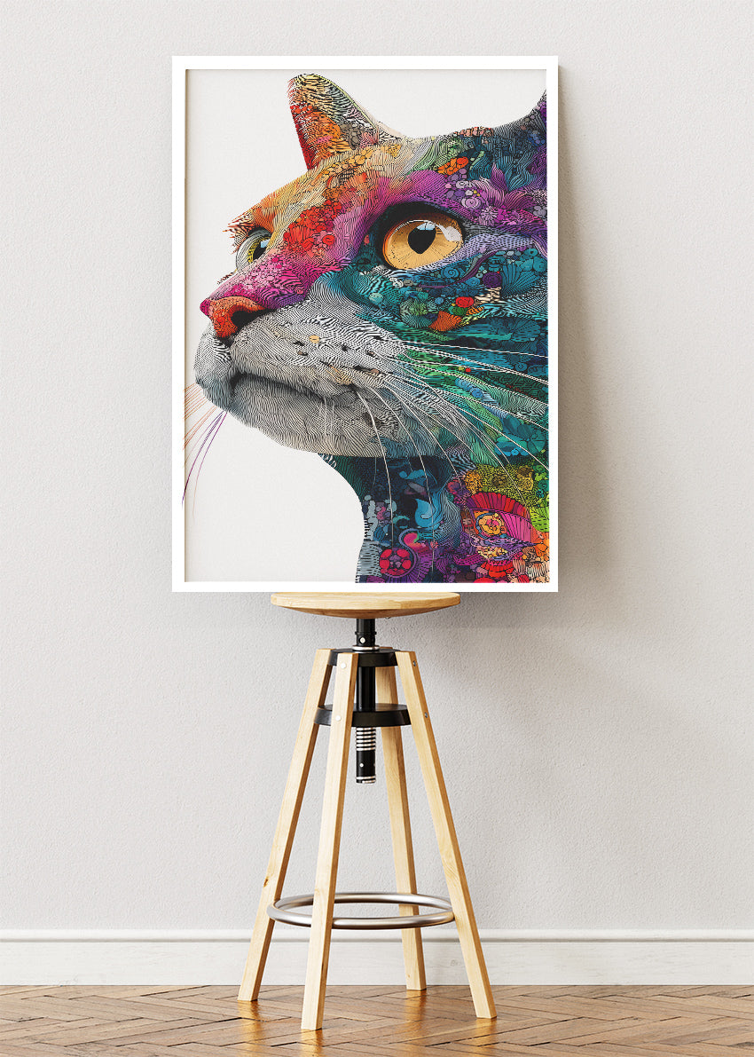 Colourful Cat Portrait Poster & Canvas Print – Modern Line Art Animal Wall Decor