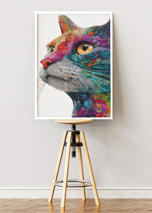 Colourful Cat Portrait Poster & Canvas Print – Modern Line Art Animal Wall Decor