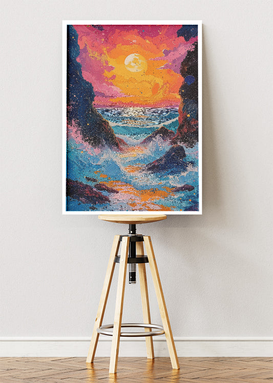 Vibrant Ocean Sunset Between Cliffs – Colorful Seascape Canvas & Poster Print – AI PRINT LAB