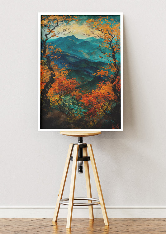 Autumn Mountain Vista – Teal & Amber Forest Canvas & Poster Print – AI PRINT LAB