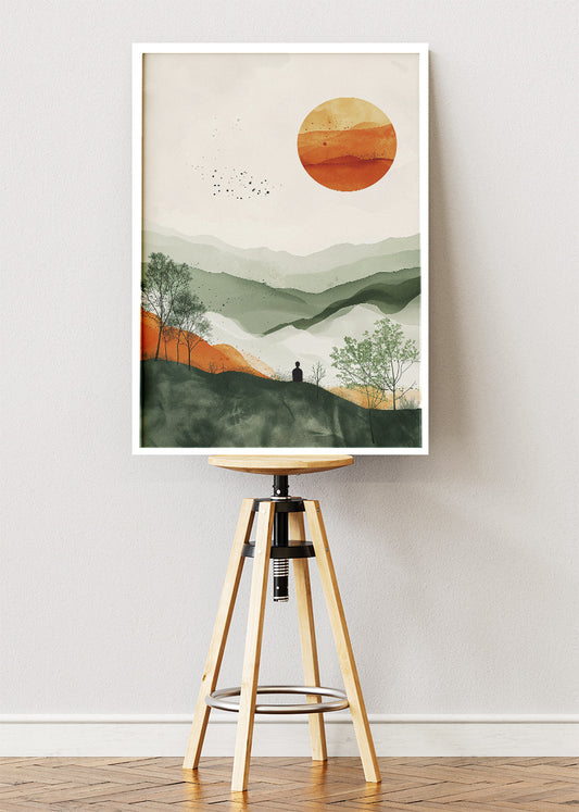 Minimalist Sunset Hills – Sage Green & Terracotta Landscape Canvas & Poster Print – AI PRINT LAB