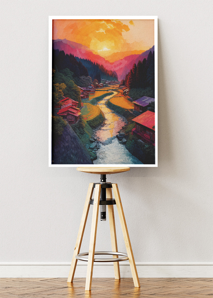 Golden Valley Village Sunset – Scenic River Landscape Canvas & Poster Print – AI PRINT LAB