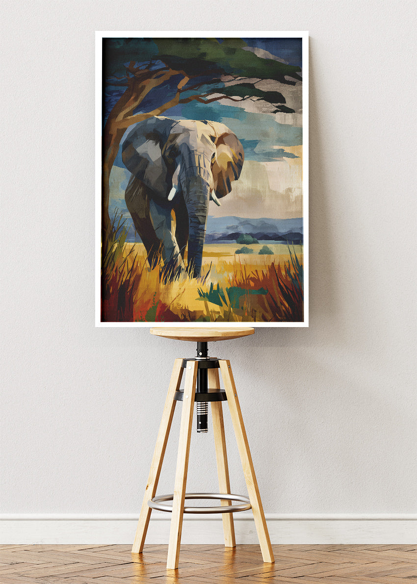 African Elephant Savannah Wall Art Poster & Canvas Print – Modern Wildlife Landscape Illustration