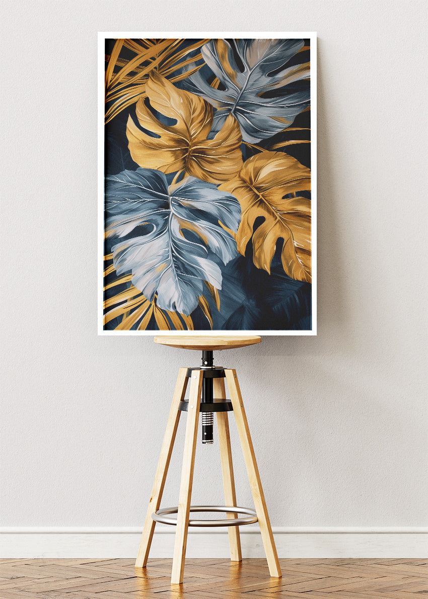 Gold and Blue Tropical Leaf Wall Art – Luxury Monstera Botanical Canvas Print & Modern Statement Poster for Living Room Decor UK