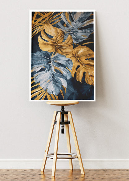 Gold and Blue Tropical Leaf Wall Art – Luxury Monstera Botanical Canvas Print & Modern Statement Poster for Living Room Decor UK