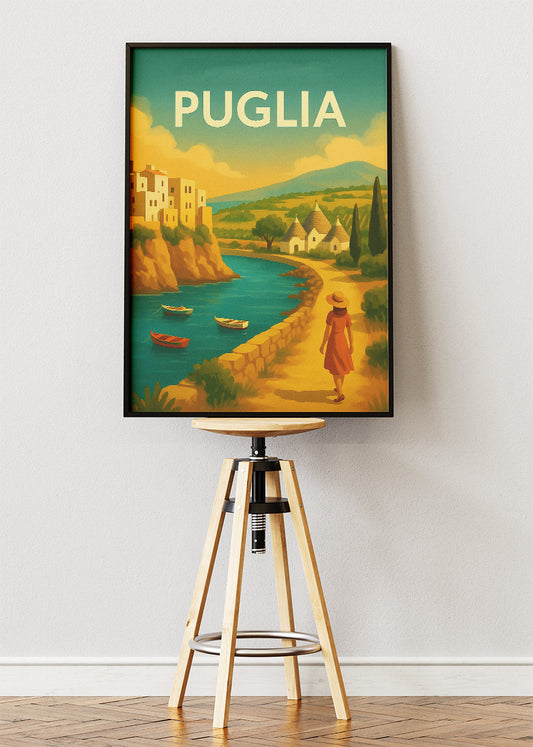 Puglia Italy Poster & Canvas Print – Illustrated Coastal Village Art