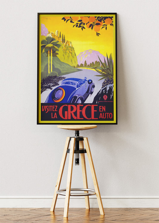 Vintage Greece Car Journey Poster & Canvas Print – Retro Scenic Road Travel Art