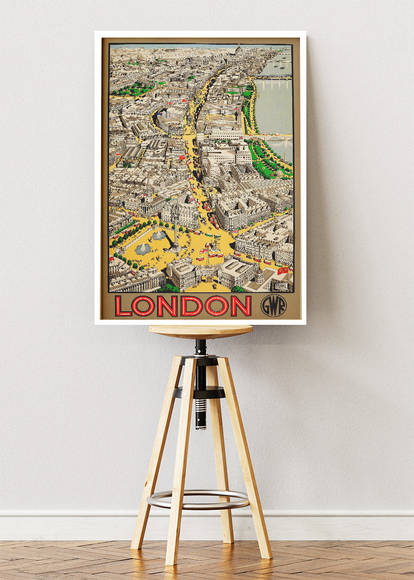 Vintage London City Map Poster & Canvas Print – Illustrated Aerial View Travel Art – A1005