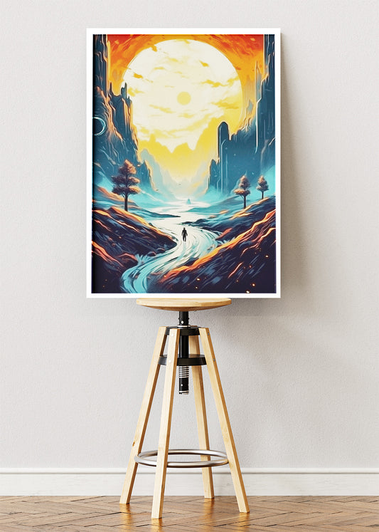Surreal Canyon Path Under Giant Sun – Fantasy Landscape Wall Art Poster & Canvas – AI PRINT LAB