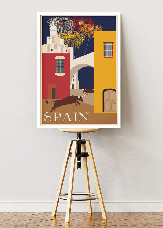 Spain Travel Poster & Canvas Print – Vintage Bull Run Illustration Art