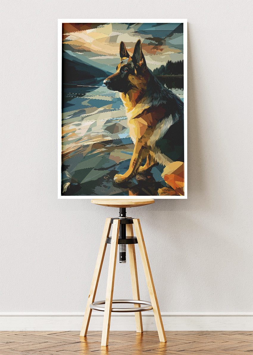German Shepherd Lake Wall Art Poster & Canvas Print – Modern Geometric Dog Illustration