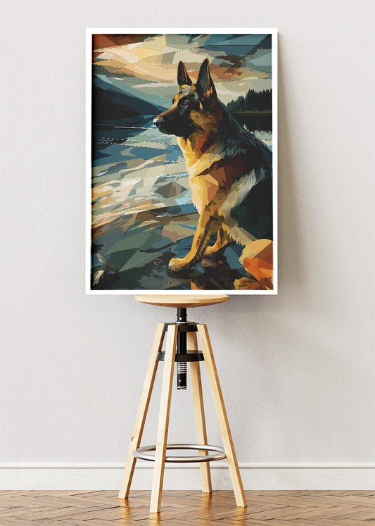 German Shepherd Lake Wall Art Poster & Canvas Print – Modern Geometric Dog Illustration