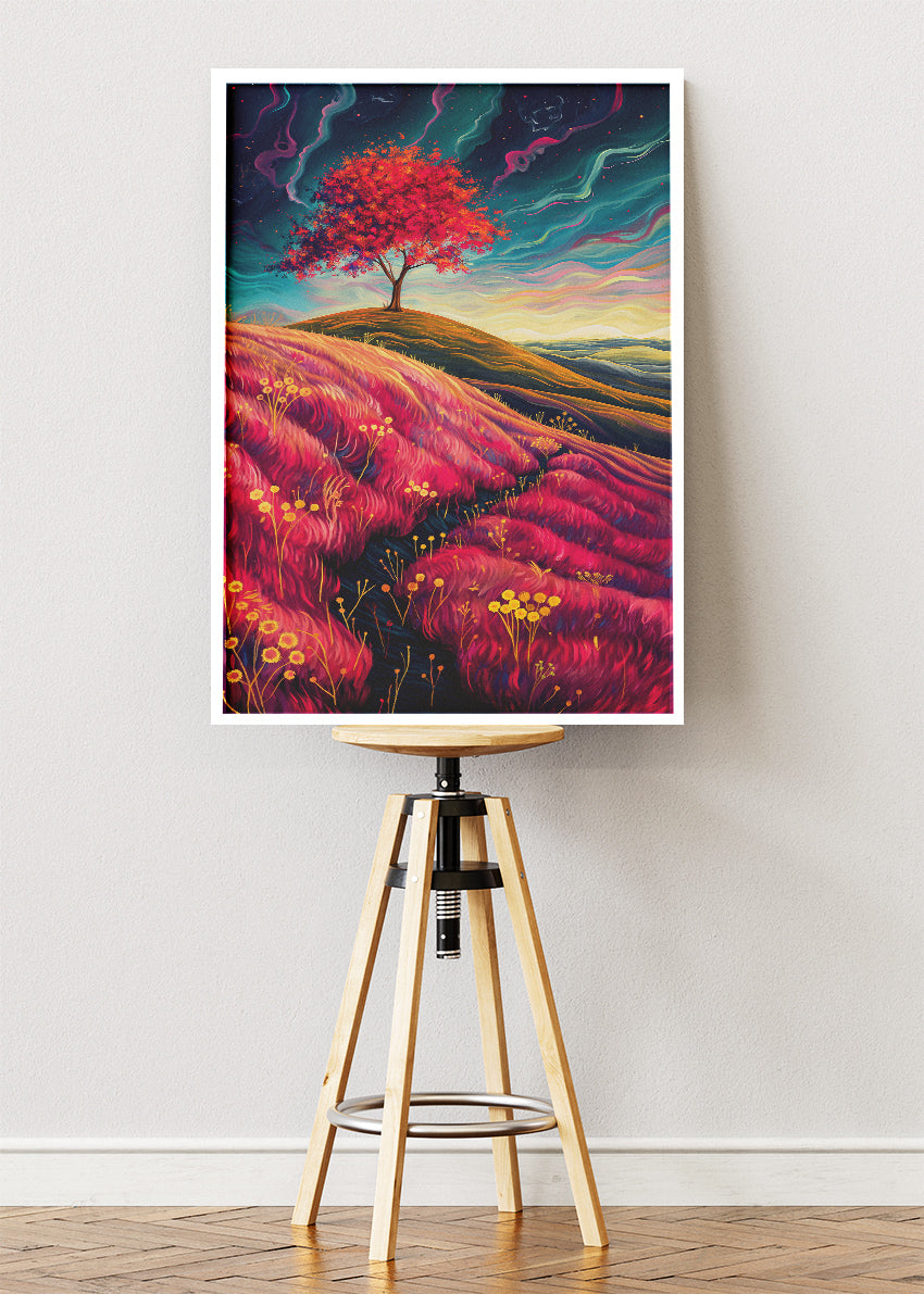 Surreal Crimson Hills & Lone Tree – Vibrant Dreamscape Canvas & Poster Print – AI PRINT LAB