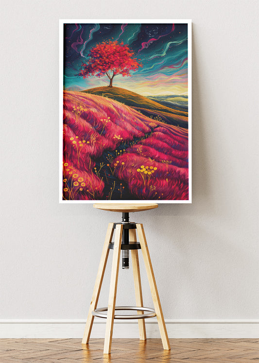 Surreal Crimson Hills & Lone Tree – Vibrant Dreamscape Canvas & Poster Print – AI PRINT LAB