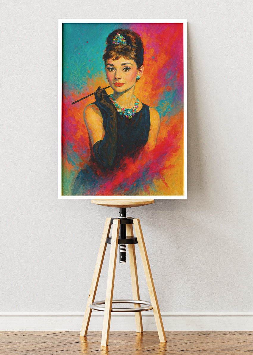 Audrey Hepburn Elegant Portrait with Cigarette Holder – Classic Hollywood Wall Art Poster & Canvas