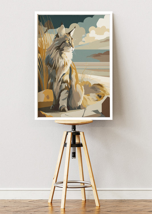 Long-Haired Cat Wall Art Poster & Canvas Print – Coastal Feline Illustration