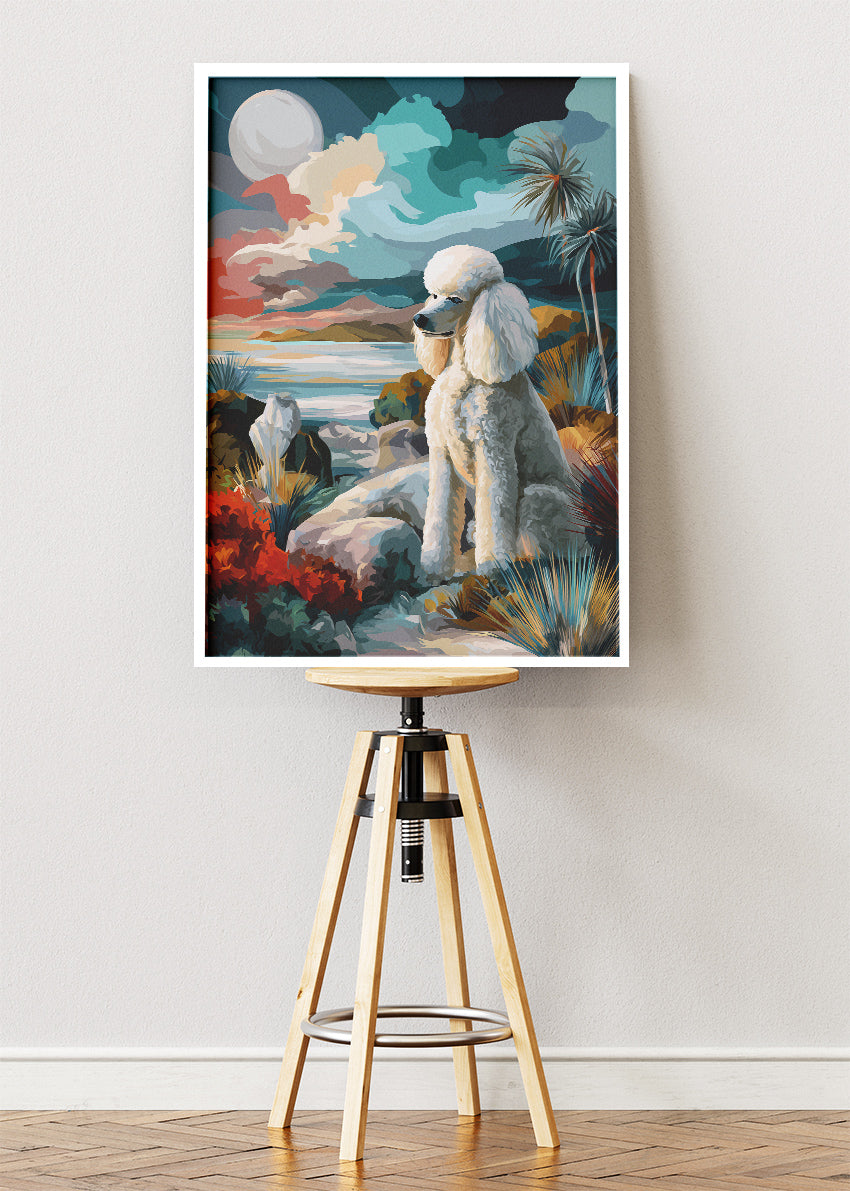 Poodle Coastal Landscape Wall Art Poster & Canvas Print – Elegant Dog Illustration