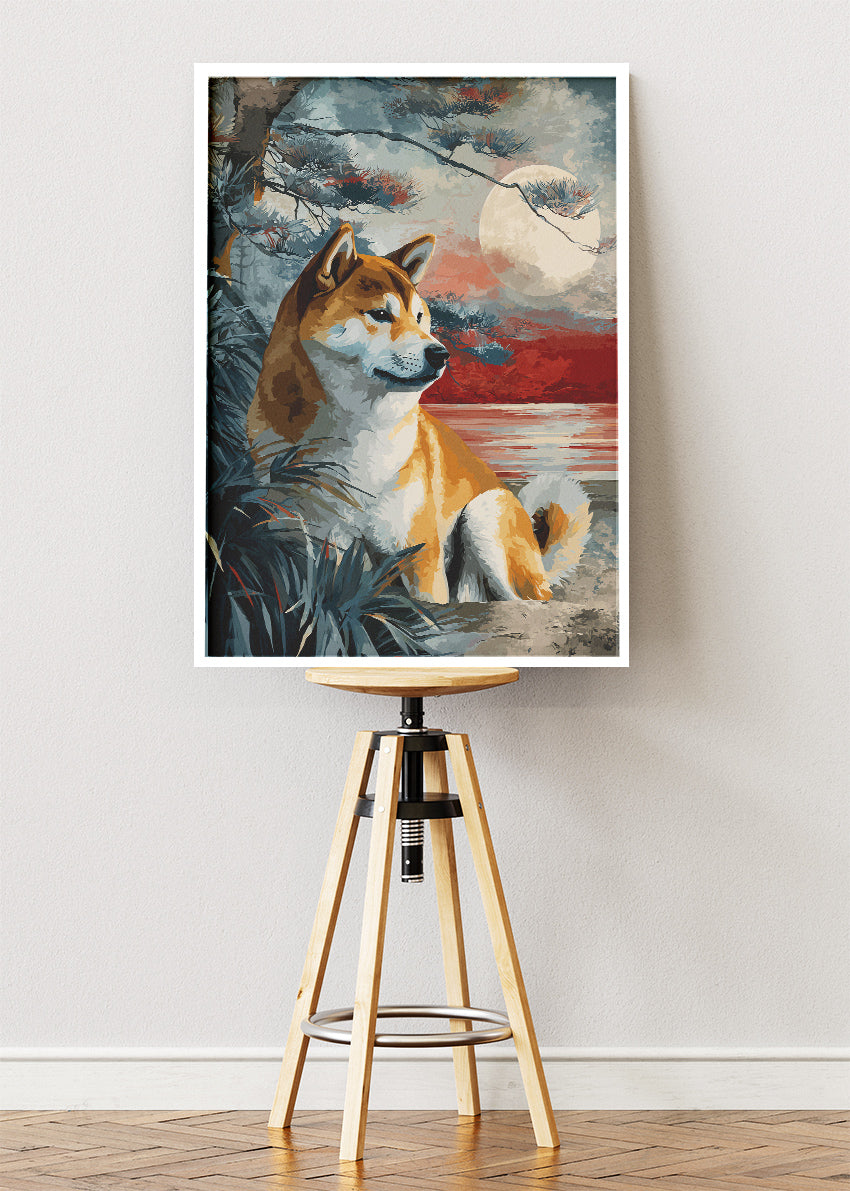 Shiba Inu Moonlit Lakeside Wall Art Poster & Canvas Print – Serene Dog Illustration