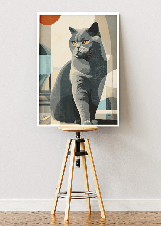 Modern Grey Cat Abstract Wall Art Poster & Canvas Print – Minimalist Feline Illustration