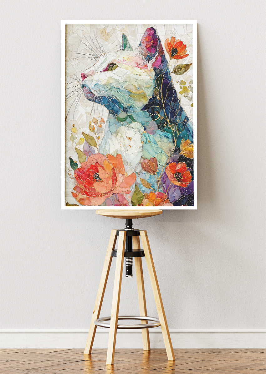 Floral Cat Mosaic Wall Art Poster & Canvas Print – Elegant Botanical Feline Illustration