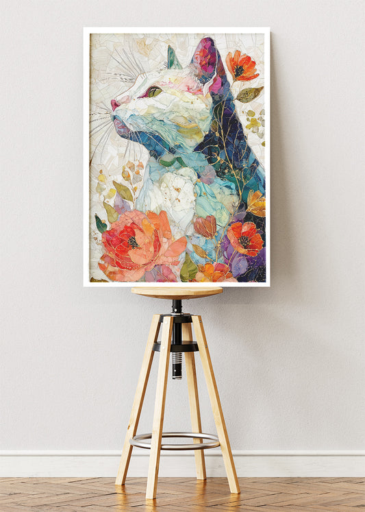 Floral Cat Mosaic Wall Art Poster & Canvas Print – Elegant Botanical Feline Illustration