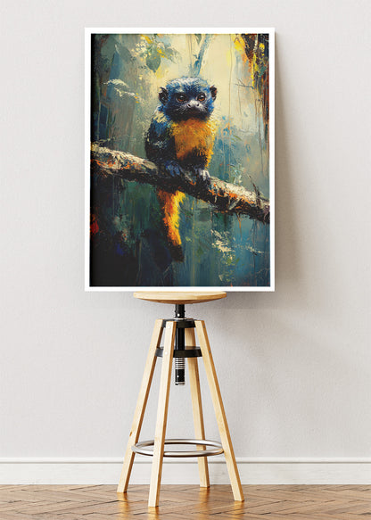 Cute Blue-and-Gold Forest Monkey Poster & Canvas Print – Colorful Wildlife Art