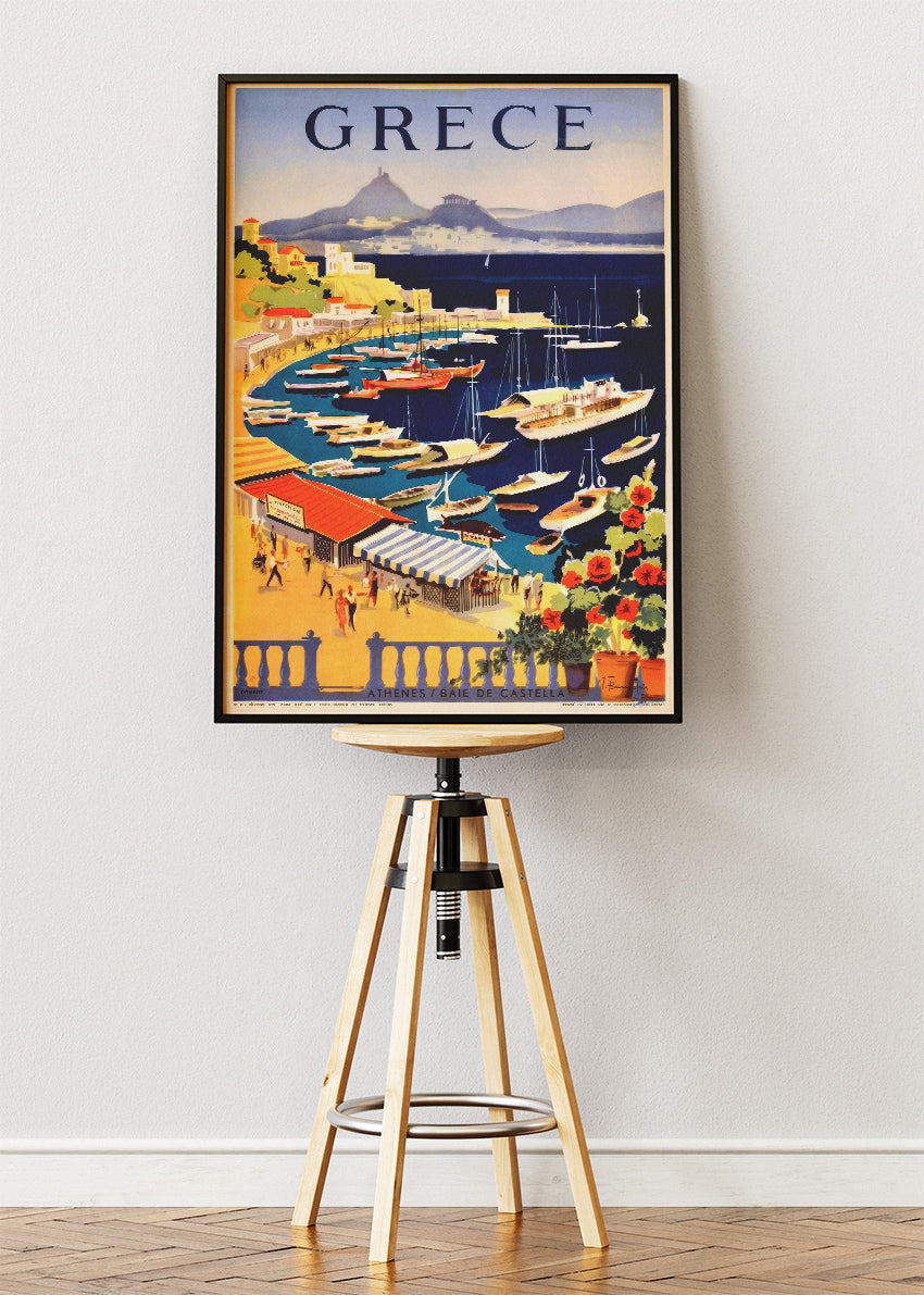Greece Vintage Harbour Poster & Canvas Print – Athens Baie de Castella Retro Travel Art