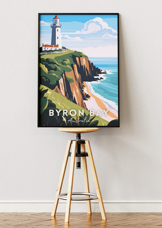 Byron Bay Australia Travel Poster & Canvas Wall Art – Lighthouse Coastal Cliff Illustration Print