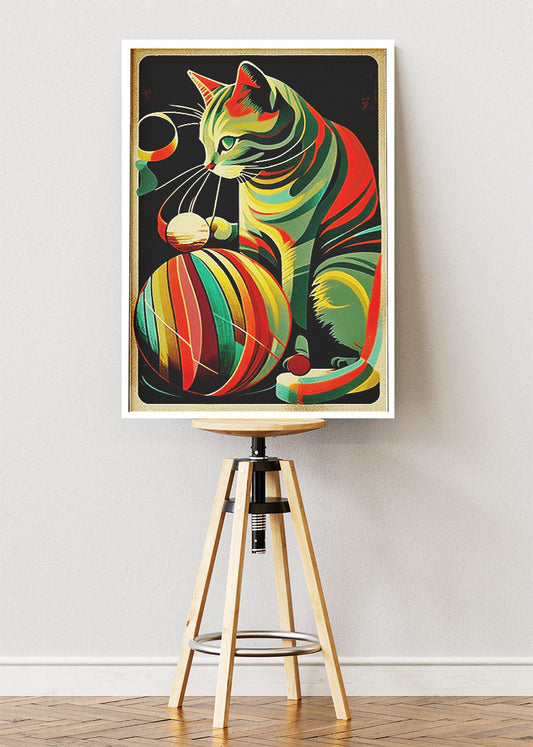 Retro Striped Cat Wall Art Poster & Canvas Print – Colorful Mid-Century Feline Illustration