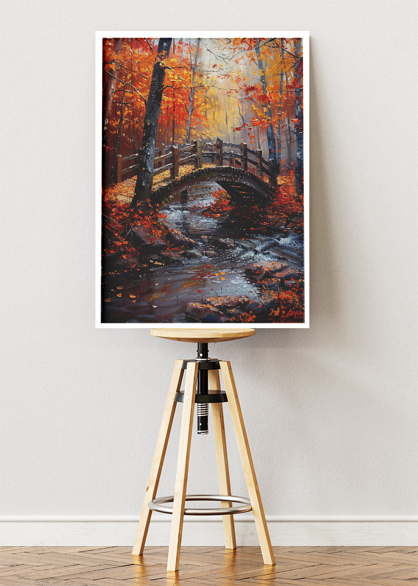 Autumn Woodland Bridge – Warm Forest Stream Canvas & Poster Print – AI PRINT LAB