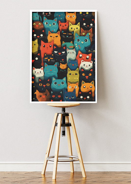Colorful Cartoon Cats Wall Art Poster & Canvas Print – Playful Feline Pattern Illustration