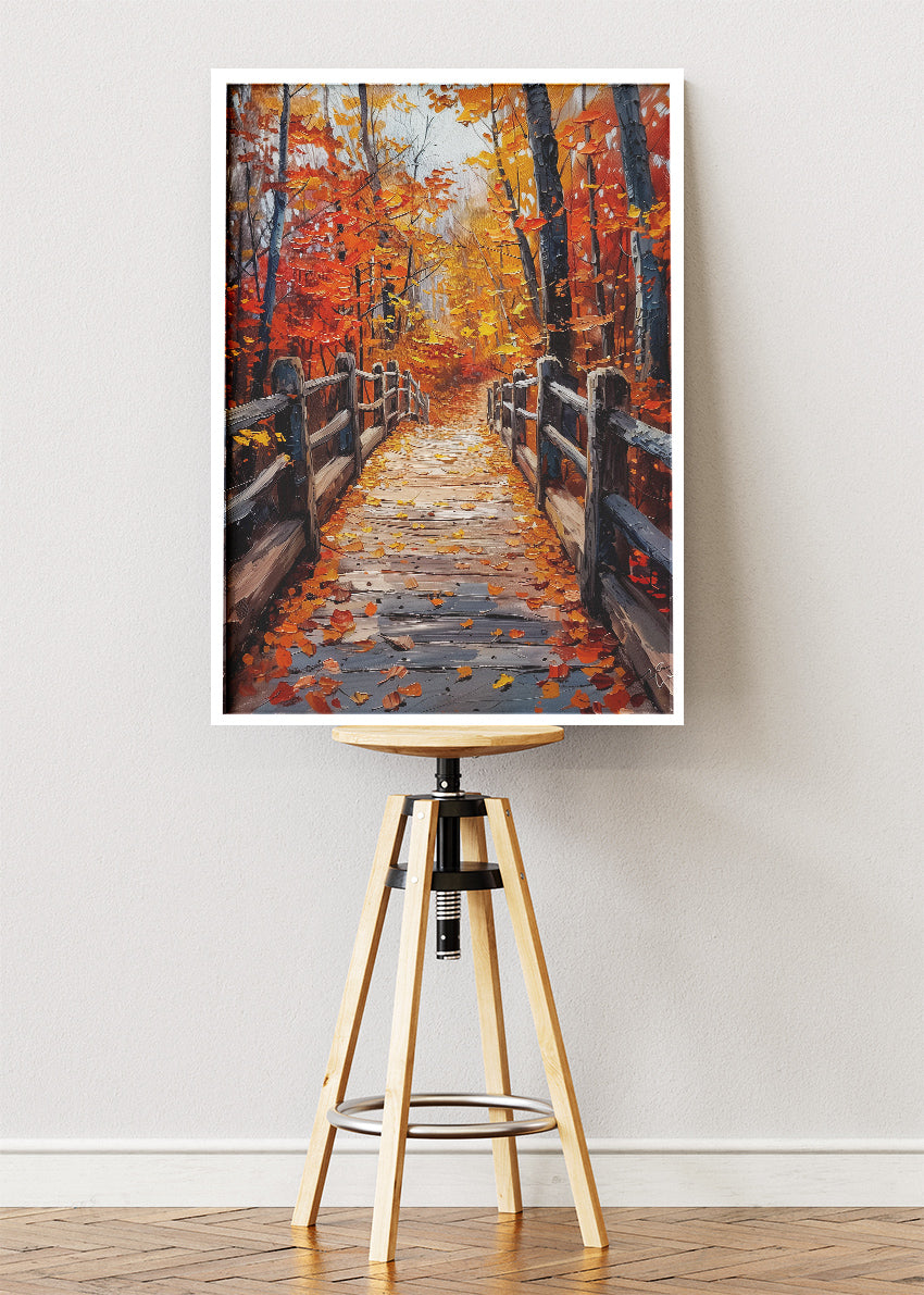 Autumn Boardwalk Path – Rustic Fall Forest Canvas & Poster Print – AI PRINT LAB