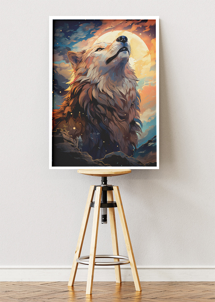 Majestic Wolf Under Moonlight Wall Art Poster & Canvas Print – Fantasy Wildlife Illustration