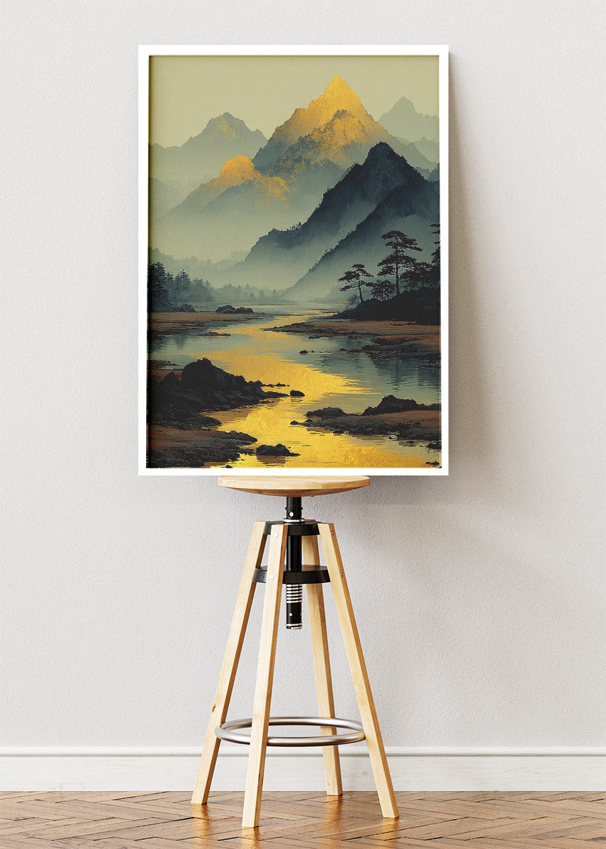 Golden Mountain Reflection – Tranquil River Landscape Canvas & Poster Print – AI PRINT LAB