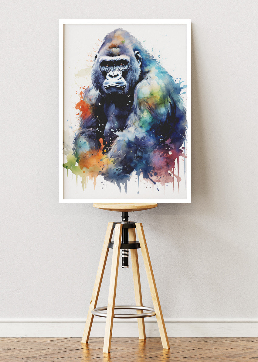 Powerful Gorilla Watercolor Wall Art Poster & Canvas Print – Wildlife Portrait